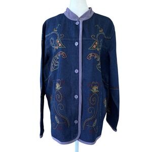 Vintage Denim & Co. Women's QVC L Blue Denim Jacket Paisley Embroidery Button Up